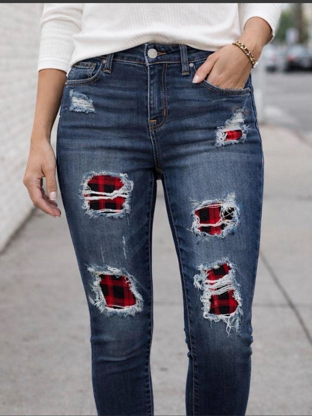 Judy Blue Skinny Distressed Plaid Accent Jeans Size 5/27
